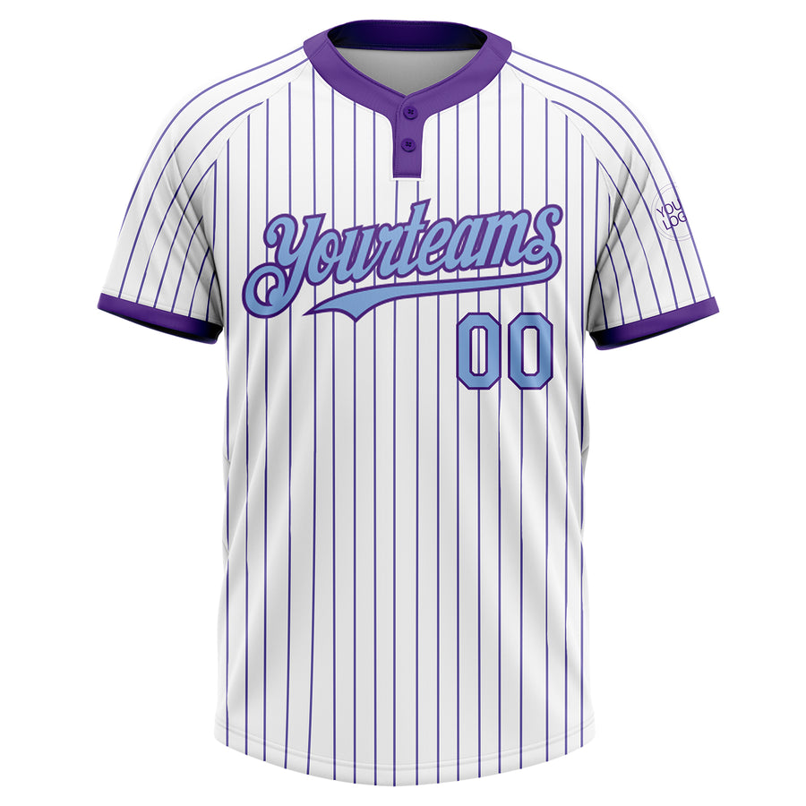 Custom White Purple Pinstripe Light Blue Two-Button Unisex Softball Jersey