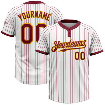 Custom White Crimosn Pinstripe Gold Two-Button Unisex Softball Jersey