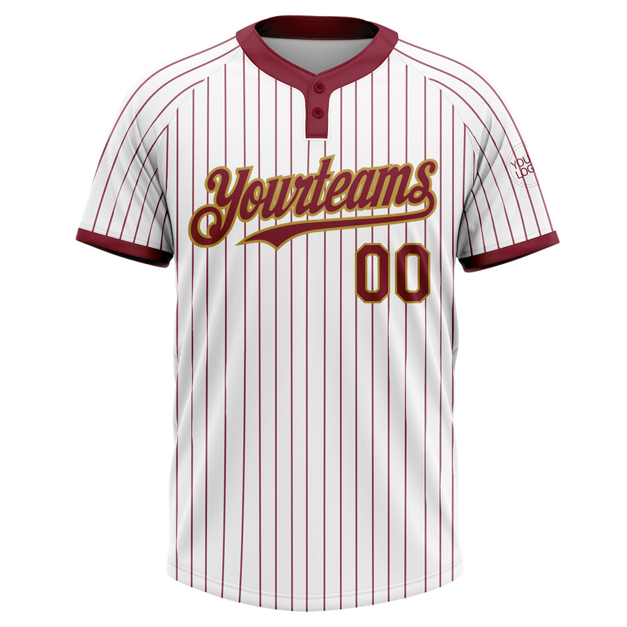 Custom White Crimosn Pinstripe Old Gold Two-Button Unisex Softball Jersey