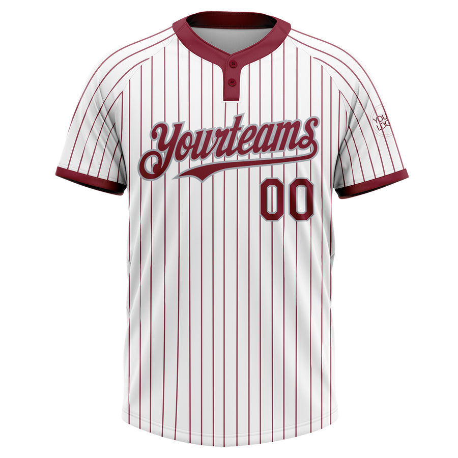 Custom White Crimosn Pinstripe Gray Two-Button Unisex Softball Jersey