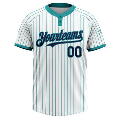 Custom White Teal Pinstripe Navy Two-Button Unisex Softball Jersey