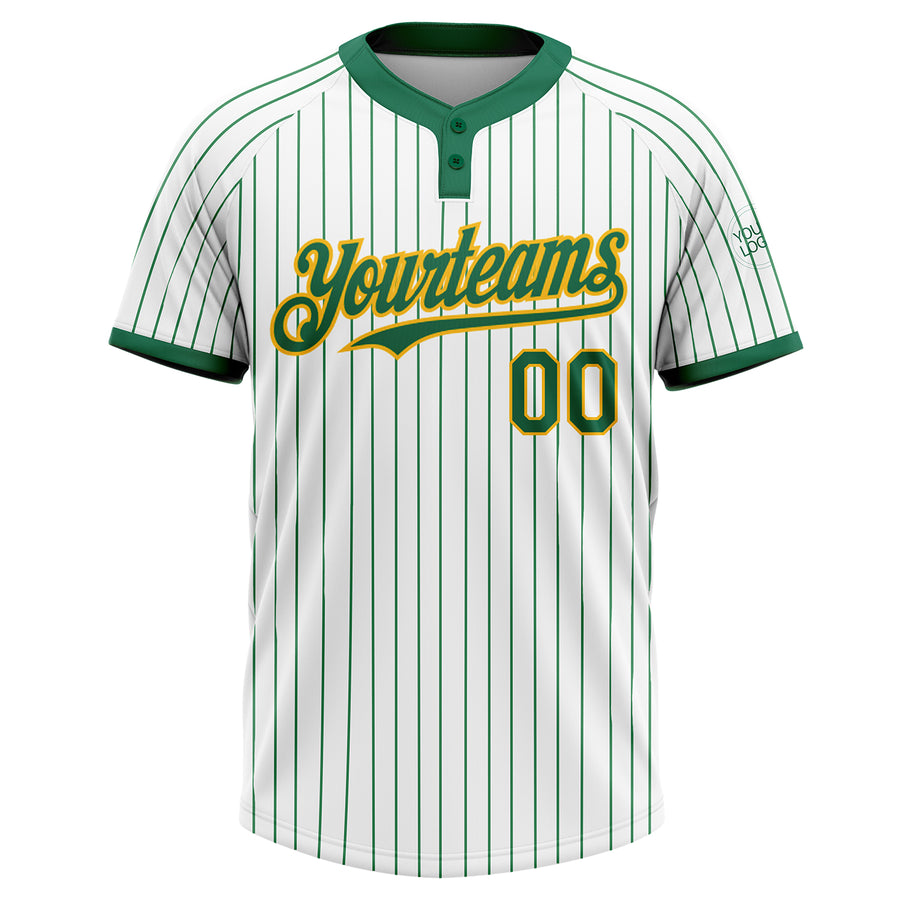 Custom White Kelly Green Pinstripe Gold Two-Button Unisex Softball Jersey