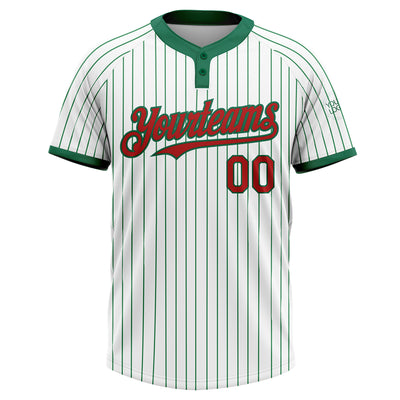 Custom White Kelly Green Pinstripe Red Two-Button Unisex Softball Jersey