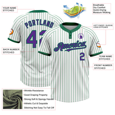 Custom White Kelly Green Pinstripe Purple Two-Button Unisex Softball Jersey