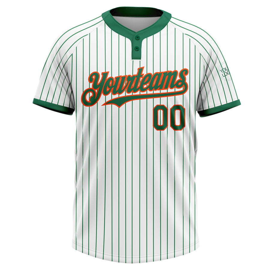 Custom White Kelly Green Pinstripe Orange Two-Button Unisex Softball Jersey