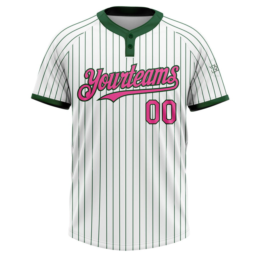 Custom White Green Pinstripe Pink Two-Button Unisex Softball Jersey