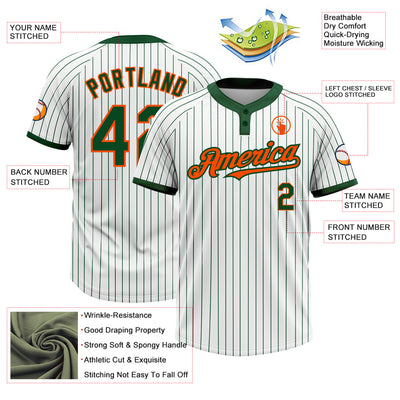 Custom White Green Pinstripe Orange Two-Button Unisex Softball Jersey