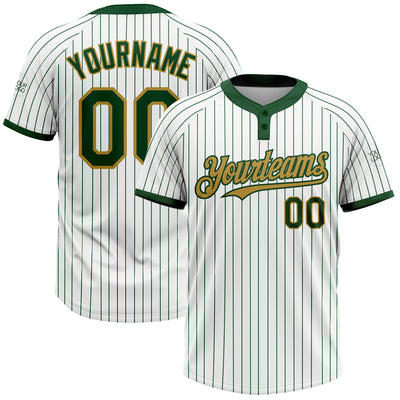 Custom White Green Pinstripe Old Gold Two-Button Unisex Softball Jersey