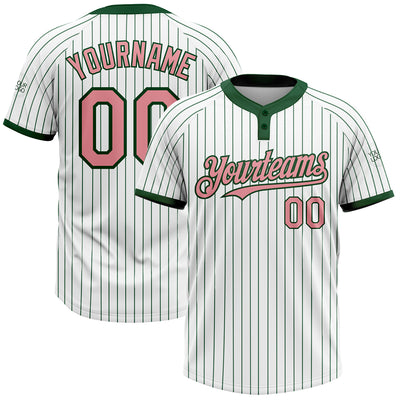 Custom White Green Pinstripe Medium Pink Two-Button Unisex Softball Jersey