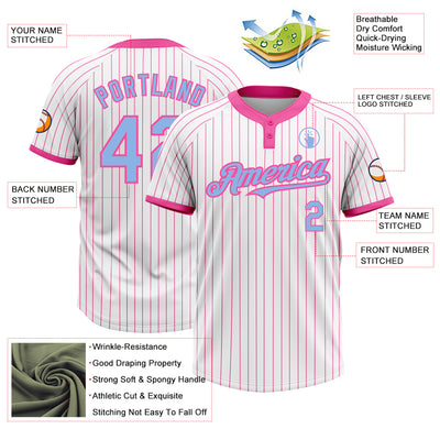 Custom White Pink Pinstripe Light Blue Two-Button Unisex Softball Jersey