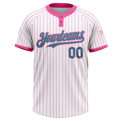 Custom White Pink Pinstripe Teal Two-Button Unisex Softball Jersey