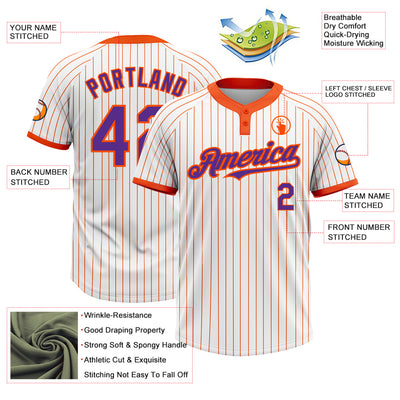 Custom White Orange Pinstripe Purple Two-Button Unisex Softball Jersey