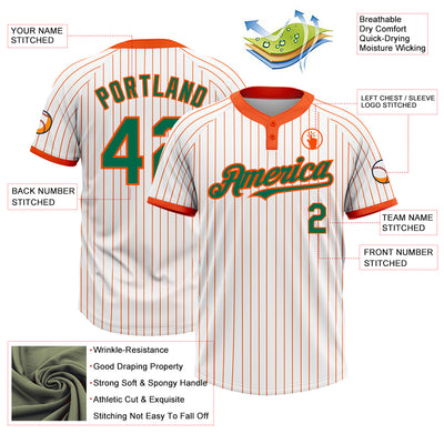 Custom White Orange Pinstripe Kelly Green Two-Button Unisex Softball Jersey