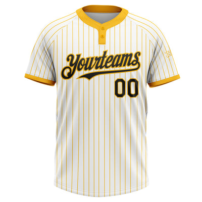 Custom White Gold Pinstripe Black Two-Button Unisex Softball Jersey