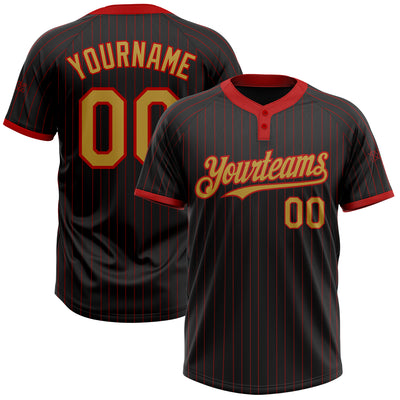 Custom Black Red Pinstripe Old Gold Two-Button Unisex Softball Jersey