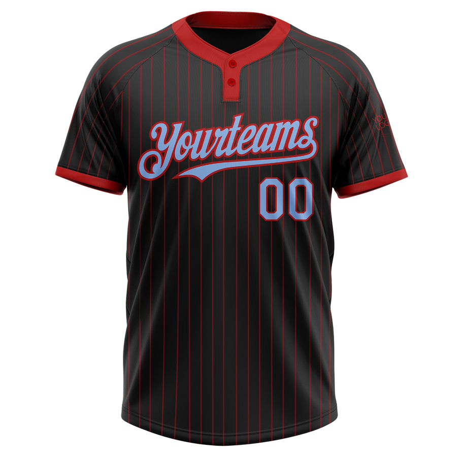 Custom Black Red Pinstripe Light Blue Two-Button Unisex Softball Jersey