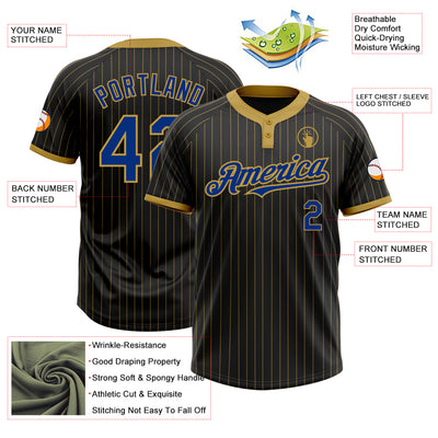 Custom Black Old Gold Pinstripe Royal Two-Button Unisex Softball Jersey