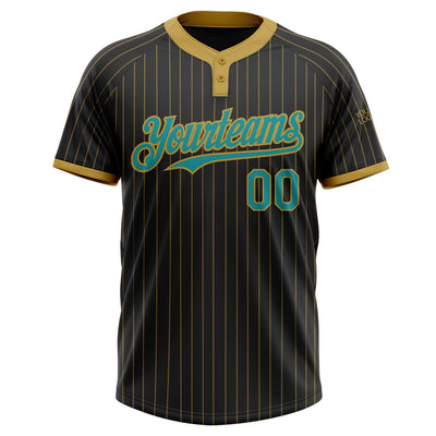 Custom Black Old Gold Pinstripe Teal Two-Button Unisex Softball Jersey