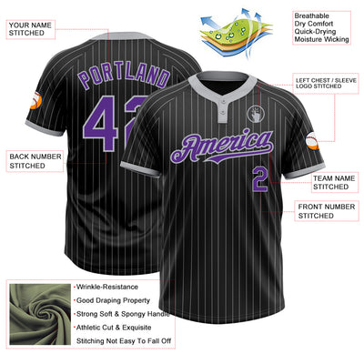 Custom Black Gray Pinstripe Purple Two-Button Unisex Softball Jersey