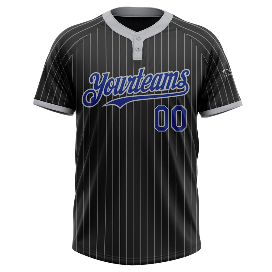 Custom Black Gray Pinstripe Royal Two-Button Unisex Softball Jersey