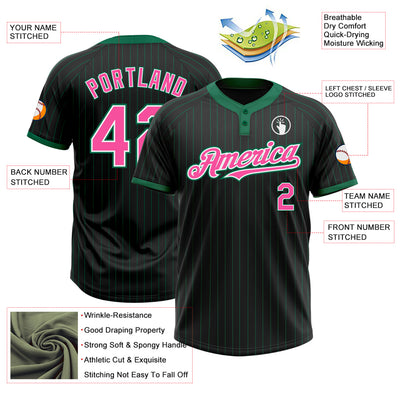 Custom Black Kelly Green Pinstripe Pink-White Two-Button Unisex Softball Jersey