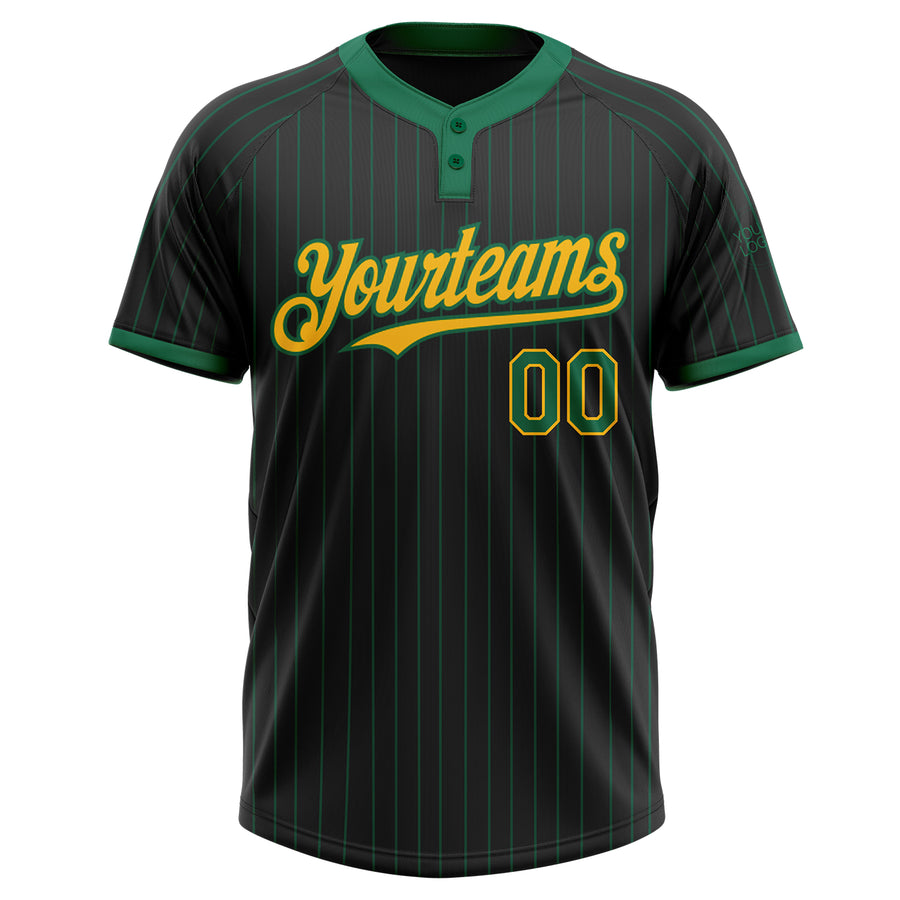 Custom Black Kelly Green Pinstripe Gold Two-Button Unisex Softball Jersey