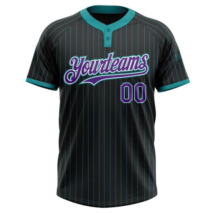 Custom Black Teal Pinstripe Purple-White Two-Button Unisex Softball Jersey