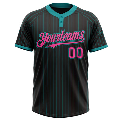 Custom Black Teal Pinstripe Pink Two-Button Unisex Softball Jersey