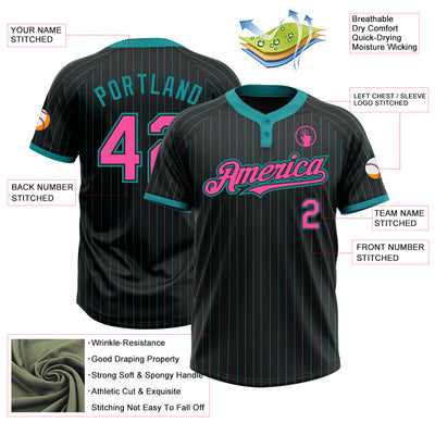 Custom Black Teal Pinstripe Pink Two-Button Unisex Softball Jersey