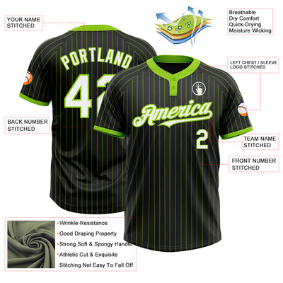 Custom Black Neon Green Pinstripe White Two-Button Unisex Softball Jersey