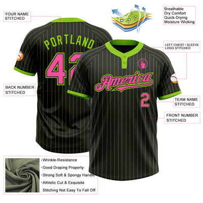 Custom Black Neon Green Pinstripe Pink Two-Button Unisex Softball Jersey