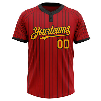 Custom Red Black Pinstripe Gold Two-Button Unisex Softball Jersey