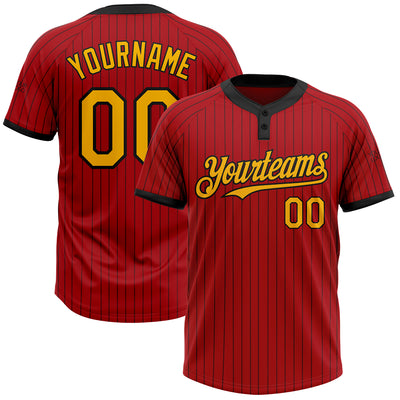 Custom Red Black Pinstripe Gold Two-Button Unisex Softball Jersey