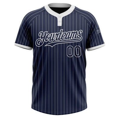 Custom Navy White Pinstripe White Two-Button Unisex Softball Jersey