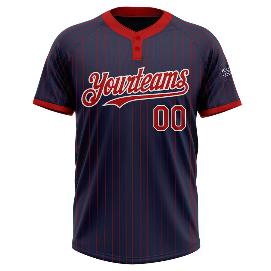 Custom Navy Red Pinstripe White Two-Button Unisex Softball Jersey