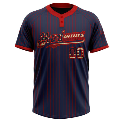 Custom Navy Red Pinstripe Vintage USA Flag Two-Button Unisex Softball Jersey