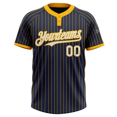 Custom Navy Gold Pinstripe White Two-Button Unisex Softball Jersey