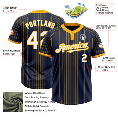 Custom Navy Gold Pinstripe White Two-Button Unisex Softball Jersey