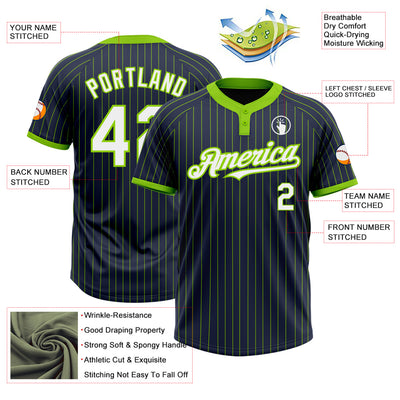 Custom Navy Neon Green Pinstripe White Two-Button Unisex Softball Jersey