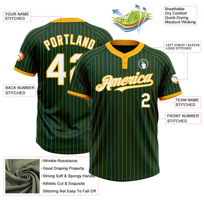 Custom Green Gold Pinstripe White Two-Button Unisex Softball Jersey