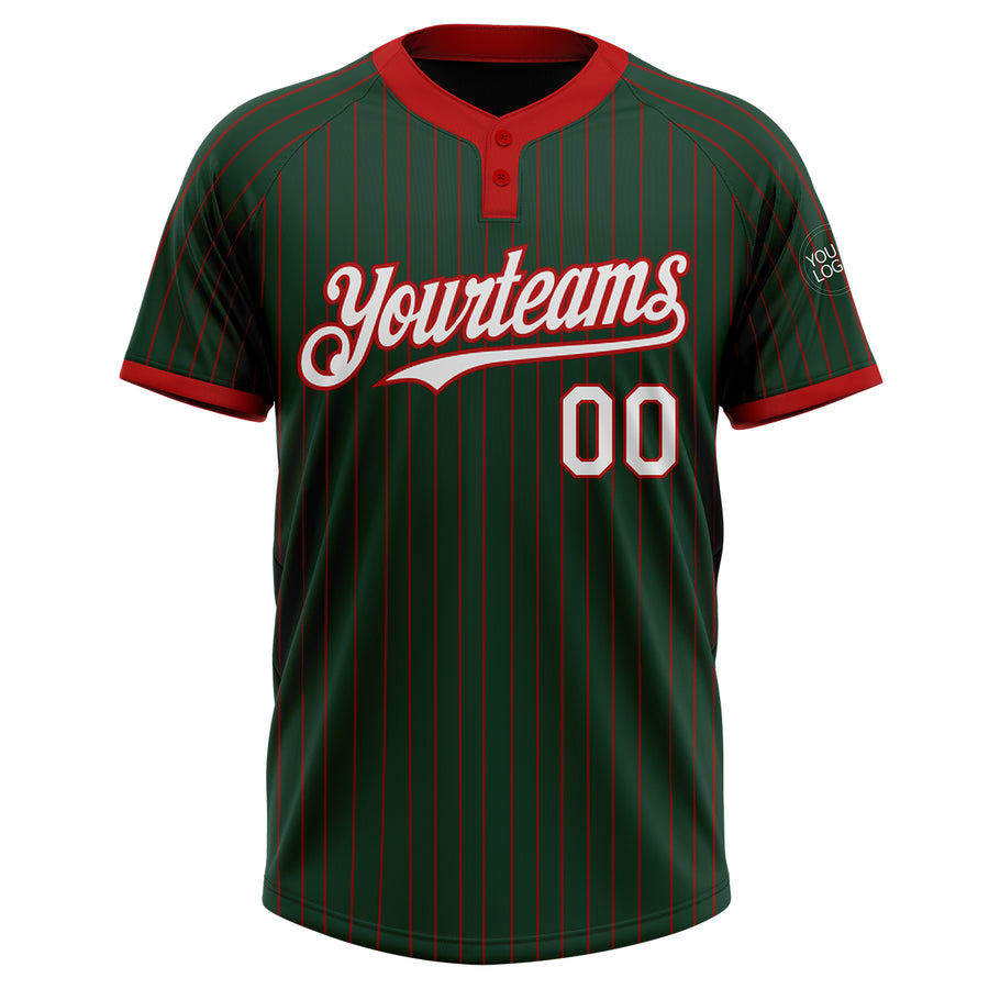 Custom Green Red Pinstripe White Two-Button Unisex Softball Jersey