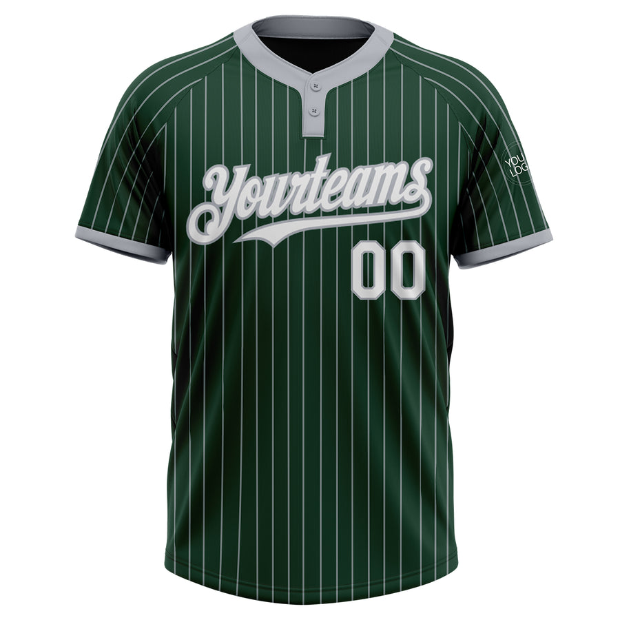 Custom Green Gray Pinstripe White Two-Button Unisex Softball Jersey