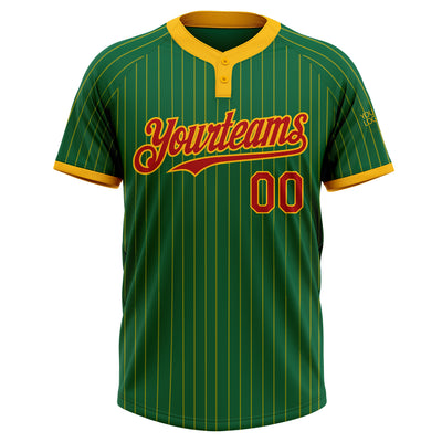 Custom Kelly Green Gold Pinstripe Red Two-Button Unisex Softball Jersey