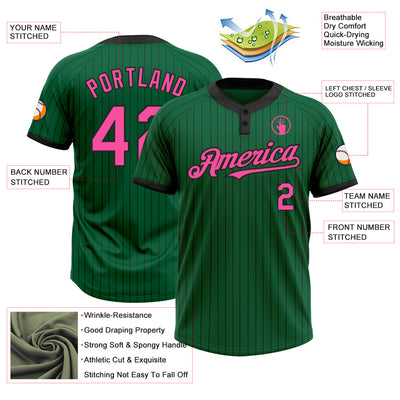 Custom Kelly Green Black Pinstripe Pink Two-Button Unisex Softball Jersey