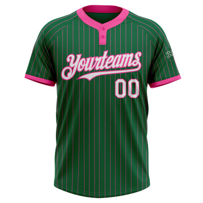 Custom Kelly Green Pink Pinstripe White Two-Button Unisex Softball Jersey