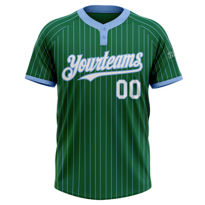 Custom Kelly Green Light Blue Pinstripe White Two-Button Unisex Softball Jersey