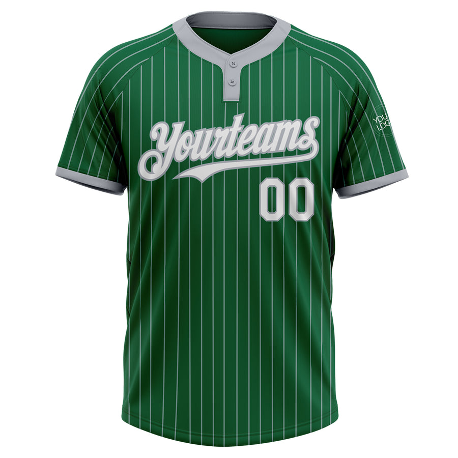 Custom Kelly Green Gray Pinstripe White Two-Button Unisex Softball Jersey