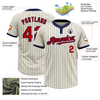 Custom Cream Navy Pinstripe Red Two-Button Unisex Softball Jersey