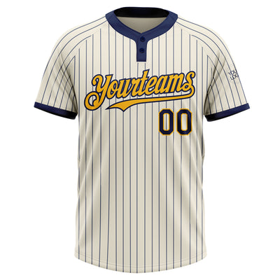 Custom Cream Navy Pinstripe Gold Two-Button Unisex Softball Jersey