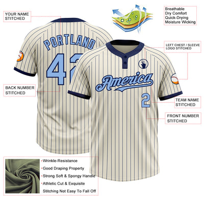 Custom Cream Navy Pinstripe Light Blue Two-Button Unisex Softball Jersey